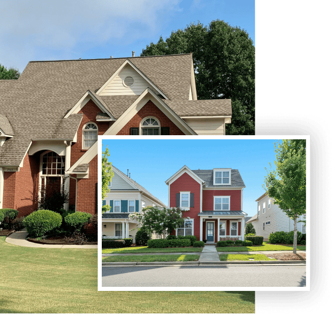 A two-story brick house with a manicured lawn is shown in the background. In the foreground, an inset photo features a red two-story house with white trim—highlighting the quality work of a trusted Roofing Contractor Monmouth County, NJ.