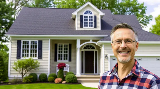 A smiling middle-aged man in glasses and a plaid shirt stands in front of a charming suburban NJ house—beige siding, black shutters, and a well-kept lawn—perfect for anyone seeking a trusted Roofing Contractor Monmouth County can rely on.