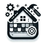 Black and white illustration of a house with gears and a hammer, symbolizing home improvement or repair and maintenance services by a trusted Roofing Contractor Monmouth County, NJ.