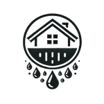 A black icon of a house inside a circle with several water droplets below it, suggesting flooding or water damage—a concern best addressed by a Roofing Contractor in Monmouth County, NJ.