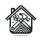 A black and white drawing of a house outline with a wrench and hammer crossed in the center, symbolizing home repair or maintenance services from an NJ Roofing Contractor Monmouth County.