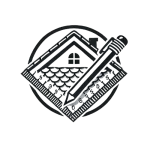 A logo for a Roofing Contractor Monmouth County, NJ: a pencil and ruler form a house roof, with shingle patterns and a central window inside a circle. The grayscale design features a transparent background.
