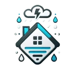 Illustration of a house with a storm cloud, lightning bolt, and raindrops above it, symbolizing severe weather impacting a home—perfect for highlighting the importance of a Roofing Contractor Monmouth County, NJ.