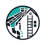 A circular icon showing a house with a gutter system, a ladder against the roof, and water dripping from the downspout—symbolizing gutter maintenance or repair by a Roofing Contractor in Monmouth County, NJ.