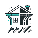 Illustration of a house with gutters, a drop of water, and repair tools like wrenches below, representing gutter maintenance or repair services by a trusted Roofing Contractor in Monmouth County, NJ.