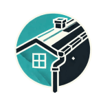 Stylized illustration of a house roof with a chimney, window, and gutter system set within a circular teal and dark blue background—perfect for representing a professional Roofing Contractor in Monmouth County, NJ.