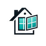 Simple illustration of a house with one window open, showing four window panes. The design uses black, white, and teal blue accents on a plain light background—ideal for a Roofing Contractor Monmouth County or NJ real estate branding.
