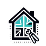 Icon of a house with a divided window and a wrench overlapping one corner, symbolizing home repair or maintenance services like those offered by a Roofing Contractor in Monmouth County, NJ. The image uses bold lines and a teal accent.