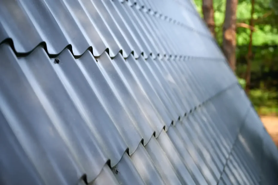 Close-up view of a metal sheet roof installed by a Roofing Contractor Monmouth County, featuring overlapping panels and wavy ridges. Trees and greenery are visible out of focus in the NJ background.