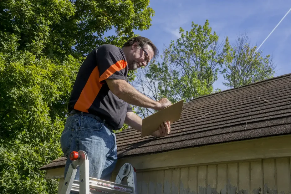 A Roofing Contractor in Monmouth County, NJ stands on a ladder inspecting a roof, writing notes on a clipboard. He wears safety glasses, a black and orange shirt, and jeans, with trees and blue sky in the background.