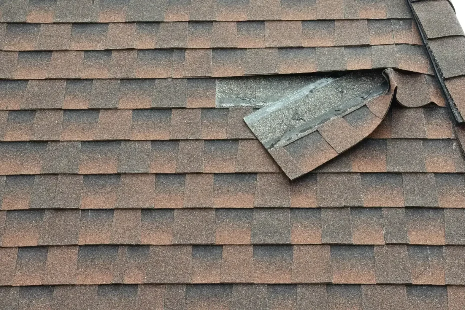 A roof with brown asphalt shingles, one of which is lifted and partially detached, exposing the underlayment and underlying roof structure—ideal for inspection by a trusted Roofing Contractor Monmouth County, NJ.