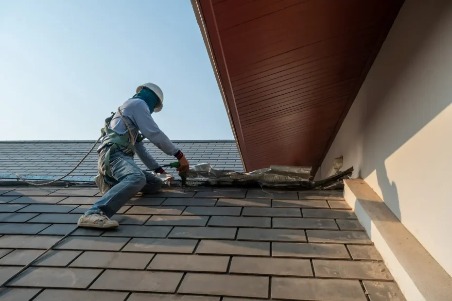 A Roofing Contractor in Monmouth County, NJ, wearing safety gear and a helmet repairs a tiled roof on a house, using tools and climbing equipment on a sunny day.