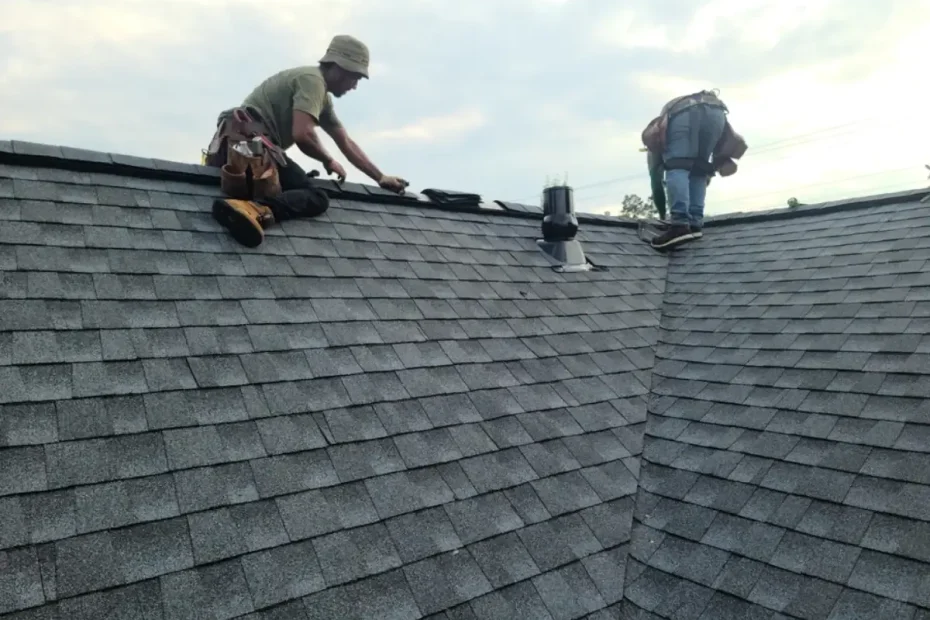Two construction workers in tool belts, hired by a Roofing Contractor Monmouth County, NJ, are installing or repairing asphalt shingles on a residential roof under a cloudy sky. One kneels near the roof’s peak while the other is bent over, working.