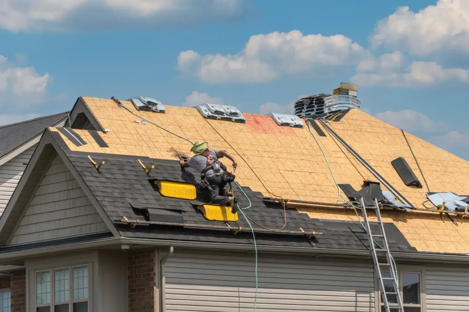 A Roofing Contractor in Monmouth County, NJ, wearing safety gear, repairs a house roof by installing new shingles on wooden sheathing. Construction materials and tools are spread out, with a ladder propped against the house under a blue sky.