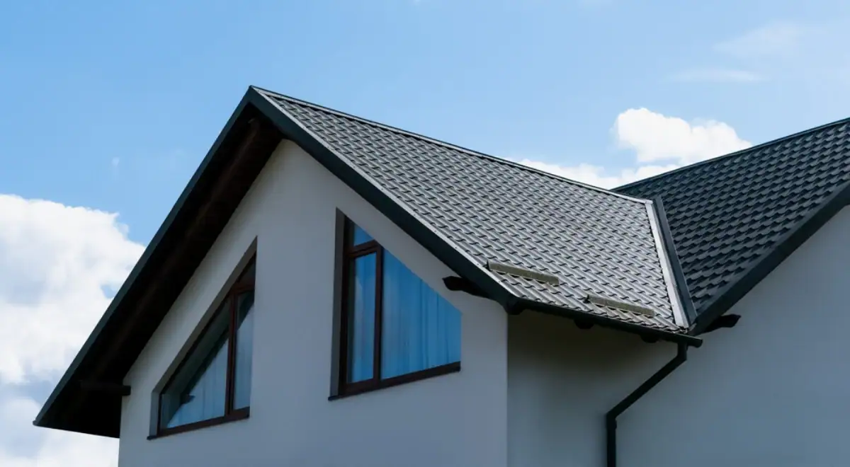 A modern house with white walls and large windows features a dark-colored, pitched metal roof installed by a trusted Roofing Contractor Monmouth County, NJ, all set under a blue sky with scattered clouds.