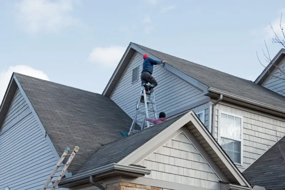 Two people work on the roof of a house; one stands on a ladder by the roof peak, while another is on a lower roof section. Another ladder leans against the house. The clear sky highlights this NJ Roofing Contractor Monmouth County project.