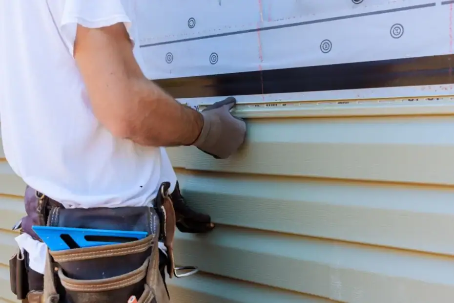 A person wearing work gloves and a tool belt installs green horizontal vinyl siding on a house exterior in NJ, carefully aligning the siding panel under a black strip beneath a partially completed wall for a Roofing Contractor Monmouth County project.