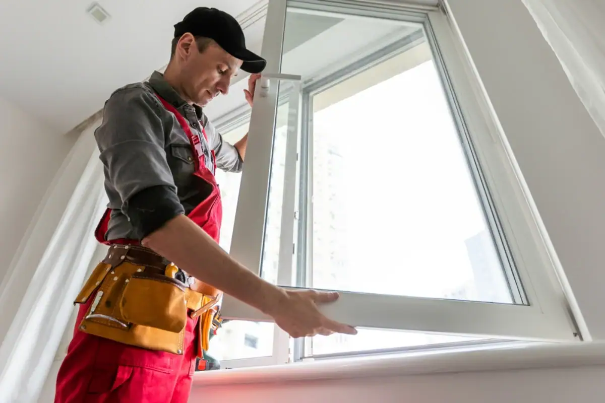 A worker in red overalls and a cap is installing or adjusting a window frame inside a bright room, with buildings visible outside—typical of an NJ Roofing Contractor Monmouth County project.