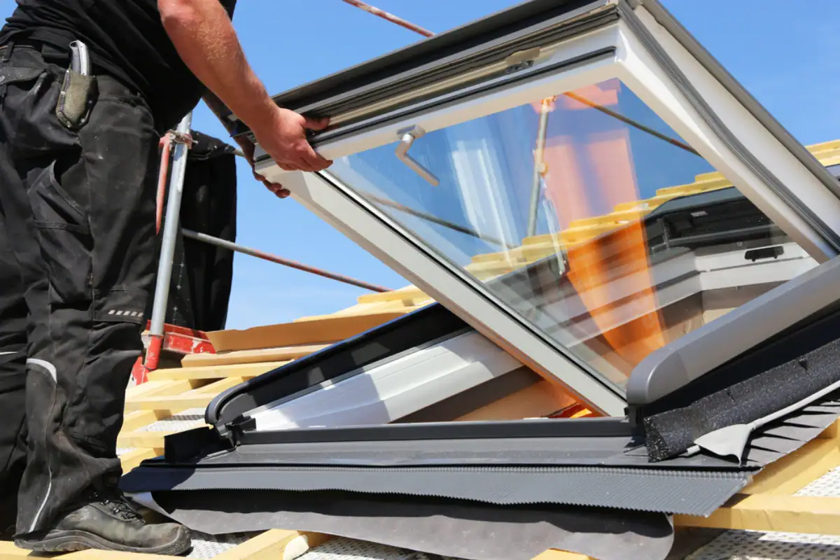 A Roofing Contractor in Monmouth County, NJ installs a skylight window on a sloped roof, surrounded by construction materials and tools, under a clear blue sky.