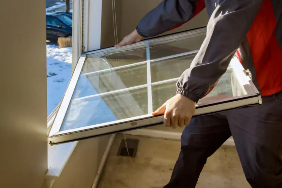A person in a jacket, possibly a Roofing Contractor from Monmouth County, NJ, is installing or removing a window pane with a white grid frame in a room, while snow is visible outside through the open window.