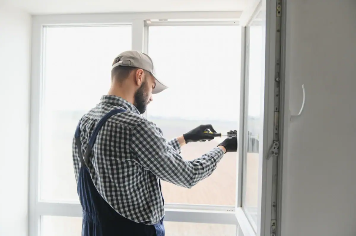A Roofing Contractor Monmouth County, NJ, wearing a cap, checkered shirt, and gloves installs or repairs a window frame indoors with a measuring tape. Bright natural light streams through large glass windows.