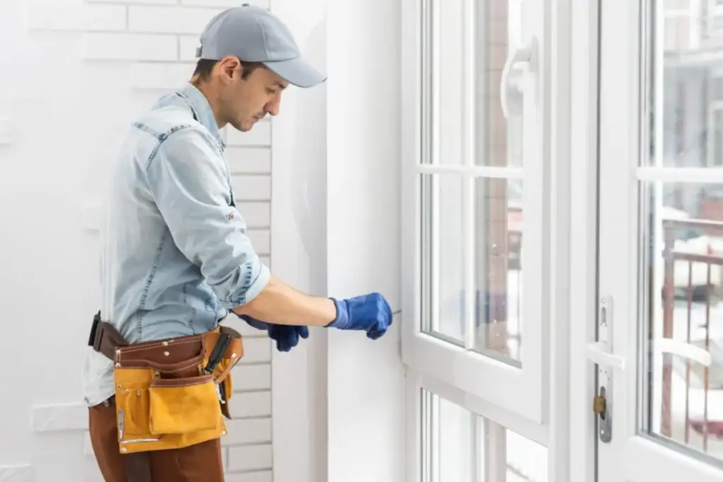 A worker in a denim shirt, cap, and tool belt installs or repairs a white-framed window for an NJ Roofing Contractor Monmouth County, wearing blue gloves and focusing on the task in a bright, modern room.
