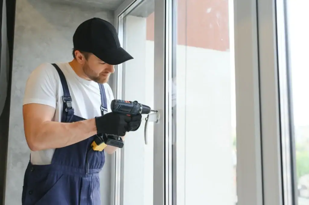 A person wearing a black cap, white t-shirt, blue overalls, and gloves uses a power drill to install or repair a window indoors, showcasing the skills of an NJ Roofing Contractor Monmouth County professional.