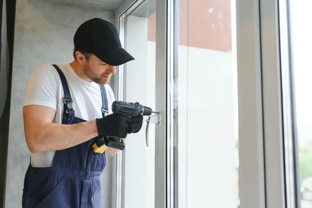 A person wearing a black cap, white t-shirt, blue overalls, and gloves uses a power drill to install or repair a window indoors, showcasing the skills of an NJ Roofing Contractor Monmouth County professional.