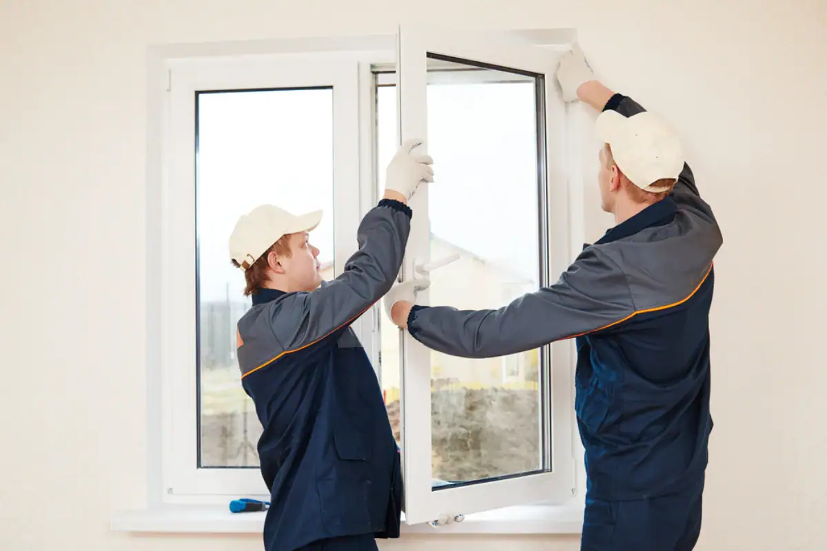Two workers in uniforms and caps, from a trusted Roofing Contractor in Monmouth County, NJ, are installing a white window frame in a bright room. One holds the window as the other secures it; tools rest on the windowsill.